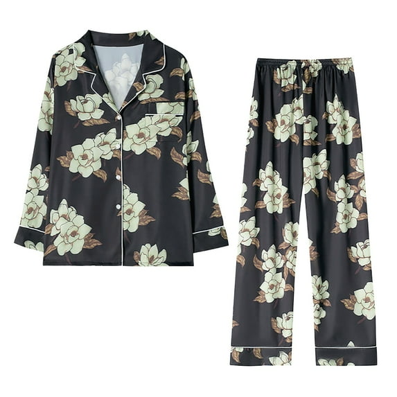 Sakmal Pajamas Set for Women Long Sleeve Full Pant Black Button Down Loose Fit Floral Women'S Sleepwear