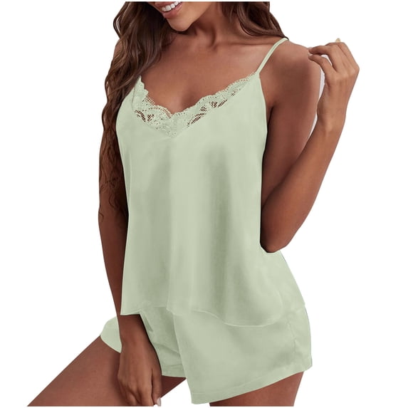 Sakmal Pajamas Set for Women Shorts Pant Sleeveless Green Solid Lace Ladies Sleepwear for Summer