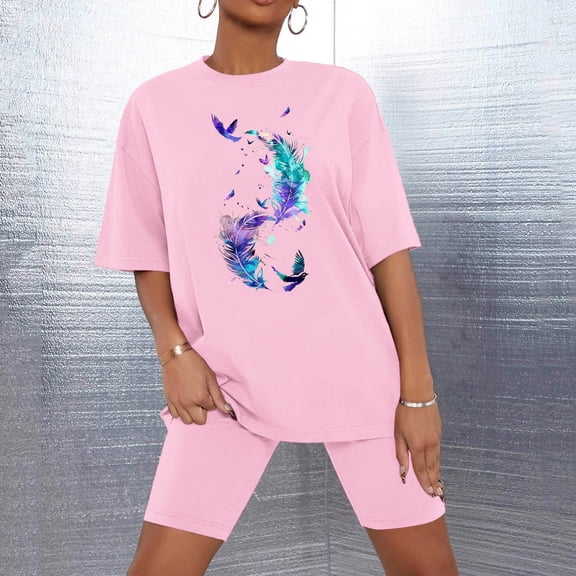 Sakmal Pajamas Sets for Women Elbow-Length Pink Shorts Pant Loose Fit Graphic Comfy Ladies Pajamas