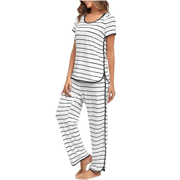 Sakmal Pajamas Sets for Women Long Sleeve White Opening Striped Comfy Ladies Pajamas