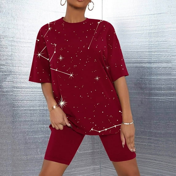 Sakmal Pajamas Sets for Women Red Shorts Pant Elbow-Length Loose Fit Comfy Graphic Plus Size Sleepwear