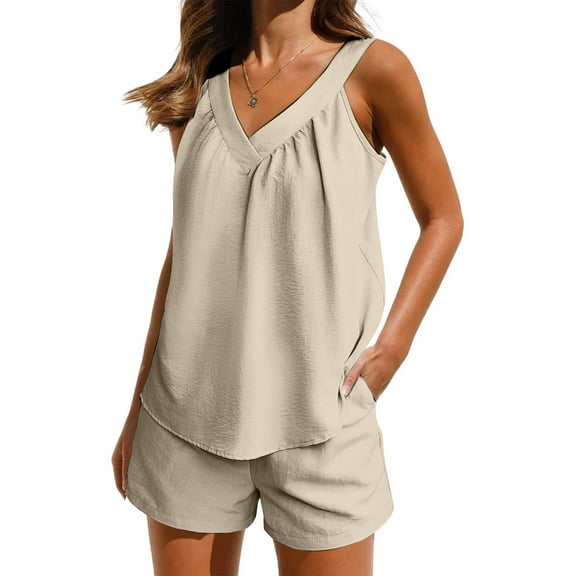 Sakmal Pajamas Sets for Women Shorts Pant Sleeveless Beige Solid Comfy Ladies Sleepwear Plus Size