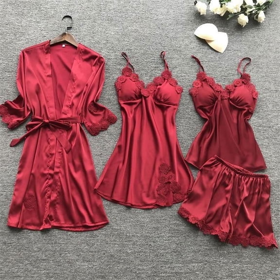 Sakmal Pajamas Sets for Women Shorts Pant Sleeveless Red Solid Sexy Lace 4 Piece Women'S Sleepwear
