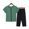 thumbnail image 1 of Sakmal Pajamas for Women Set Cropped Green Short Sleeve Cotton and Linen Loose Fit Solid 2 Piece Women'S Sleepwear, 1 of 3