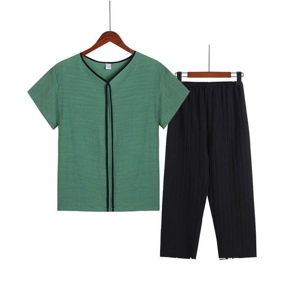 Sakmal Pajamas for Women Set Cropped Green Short Sleeve Cotton and Linen Loose Fit Solid 2 Piece Women'S Sleepwear