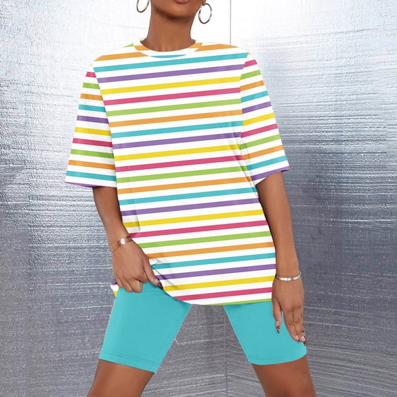 Sakmal Pajamas for Women Set Shorts Pant Elbow-Length Blue Loose Fit Comfy Striped Ladies Sleepwear for Summer