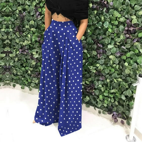 Sakmal Palazzo Pants Women Baggy Wide Leg Boho High Waisted Blue Polka Dot Pants with Pockets