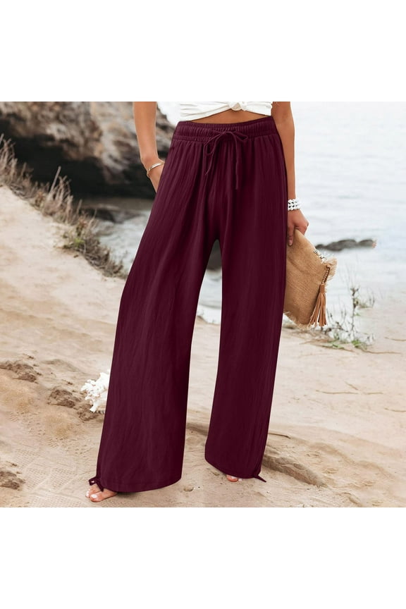 Palazzo Womens Pants Drawstring Plus Size Wide Leg Flowy Long Red High Waisted Solid Pants with Pockets