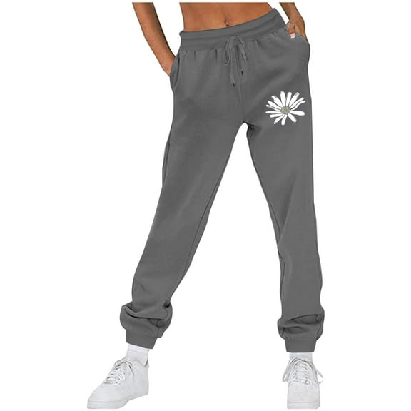 Sakmal Pants Women Athleisure Winter Joggers Sweatpants Floral Gray Full Length High Waisted Pants with Pockets