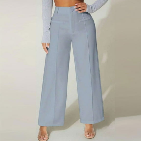 Sakmal Pants Women Work Khakis Dressy Wide Leg Trousers Blue Plain Full Length High Waisted Pants with Pockets