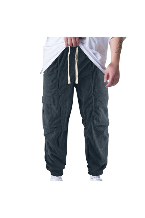 Pants for Men Blue Carpenter Ankle Drawstring Solid Pockets Fashion Trousers for Mens