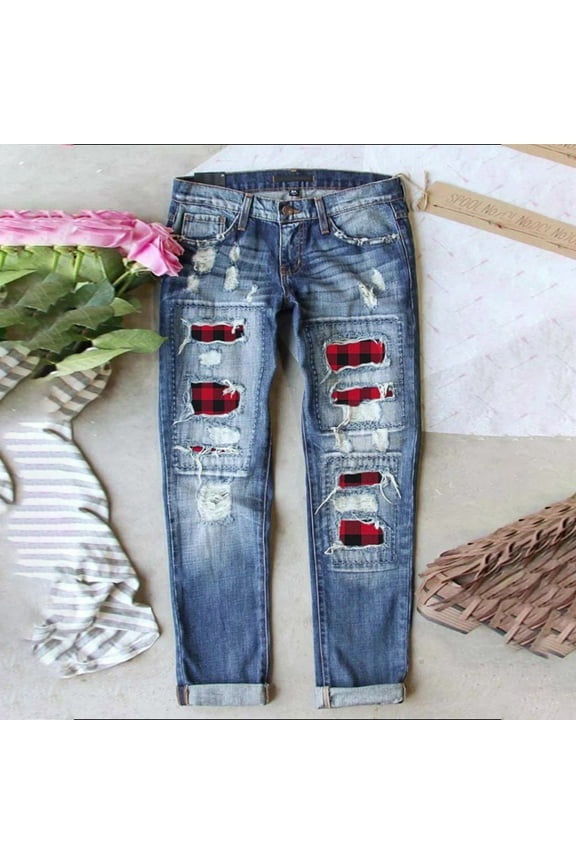 Pants for Women Distressed Boyfriend Denim Cuffed Jeans Full Length High Waisted Blue Patchwork Pants with Pockets