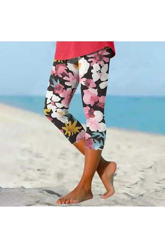 Pants for Women Slim Leg Pleated Cropped Beach Leggings 7/8th Leopard Print High Waisted Pants with Pockets