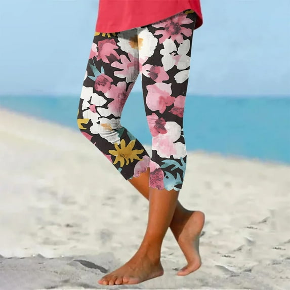 Sakmal Pants for Women Slim Leg Pleated Cropped Beach Leggings 7/8th Leopard Print High Waisted Pants with Pockets