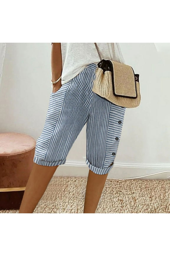 Patchwork Shorts Womens Casual Striped Knee Length Bermuda Cotton Shorts with Pockets