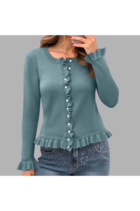 Peplum Cardigan Sweaters Women Ruffle Comfy Button Down Warm Cardigan Long Sleeve Blue Outwear Coat