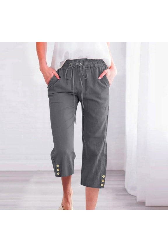 Petite Capris Pants for Women Straight Leg Work Cotton Linen Gray Legging Drawstring Cropped Solid High Waisted Capris