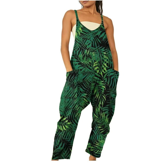 Sakmal Petite Jumpsuit Women Green Summer Sleeveless Overalls V Neck Floral Wide Leg Long Pants with Pockets