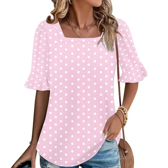 Sakmal Pink Blouse Tops for Women Fall Shirts Square Neckline Short Sleeve Polka Dot Blouses for Women