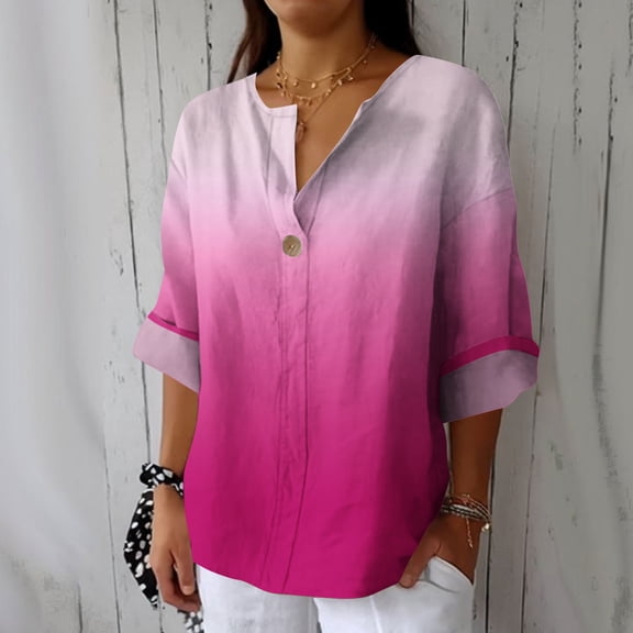Sakmal Pink Blouses Women Button Down Fashion Plus Size Tops Long Sleeve Gradient V Neck Tops for Women