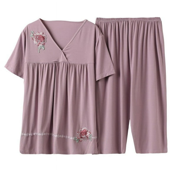 Sakmal Pink Casual Pajamas Sets for Women Short Sleeve Comfy Graphic Pleated Lace Sleepwear Tops