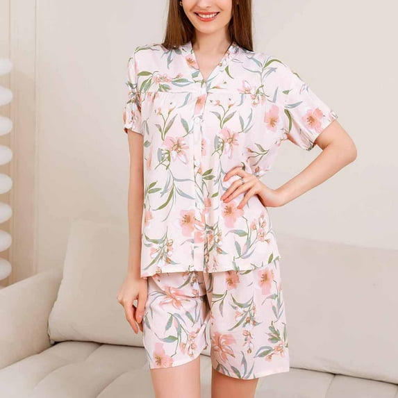 Sakmal Pink Casual Pajamas Sets for Women Short Sleeve Shorts Pant Oversize Lightweight Graphic Button Down Plus Size Sleepwear