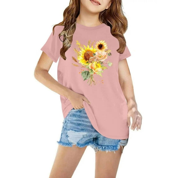 Sakmal Pink Childrens Clothes Cotton 3-7y Crew Neck Short Sleeve Floral Daily Life Kids Tops Boy And Girl