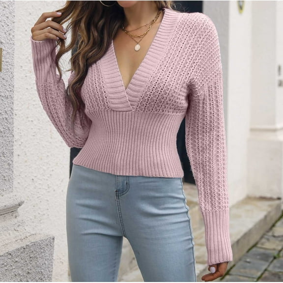 Sakmal Pink Sweaters Women Crochet Cropped Lightweight Tops V Neck Long Sleeve Solid Fashion Sweaters for Women