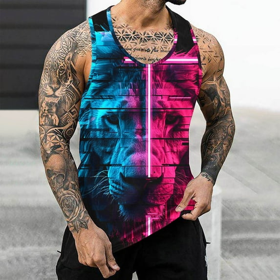 Sakmal Pink Tank Tops for Men Scoop Neck Pink Lion Camisole Graphic Lightweight Stringer Muscle Sleeveless Shirts