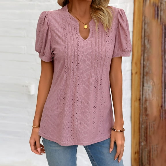 Sakmal Pink Tops for Women Trendy Short Sleeve V-Neck Solid Puff Sleeves T-Shirts Womens Shirts