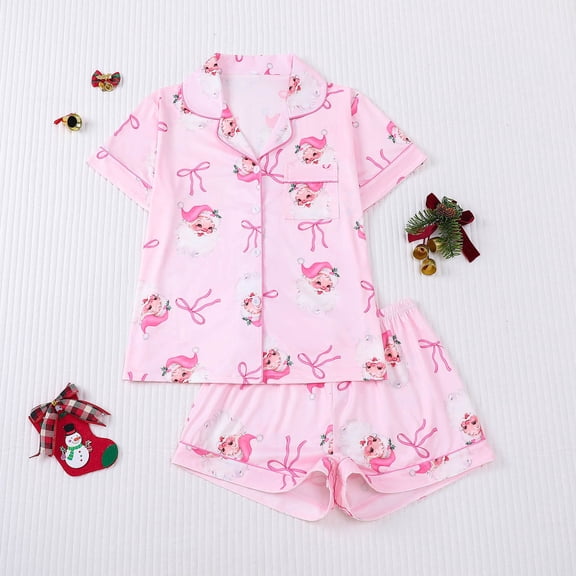 Sakmal Pink Women Christmas Pajama Sets Soft Cute Button Down Short Sleeve Loungewear V Neck Butterfly Bow Print Pjs Sets for Women