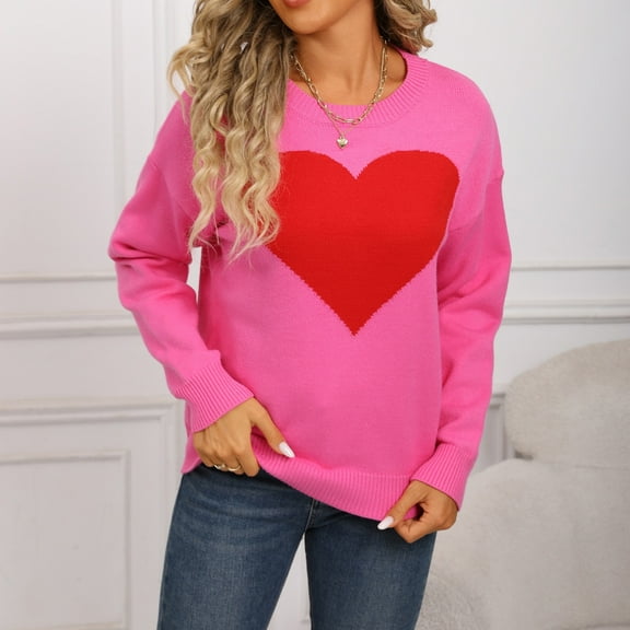 Sakmal Pink Women's Sweaters Oversized Crew Neck Heart Print Loose Ladies Sweaters M