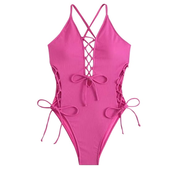Sakmal Pink Womens Bathing Suits Tummy Control Cutout Cheeky One Piece Swimsuit Solid Halter Swimwear