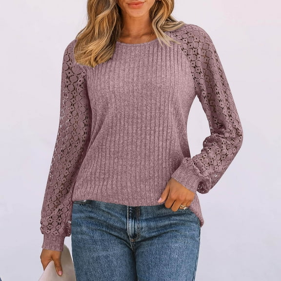 Sakmal Pink Womens Blouses Fashion Lace Shirts Long Sleeve Patchwork Crew Neck Blouses for Women