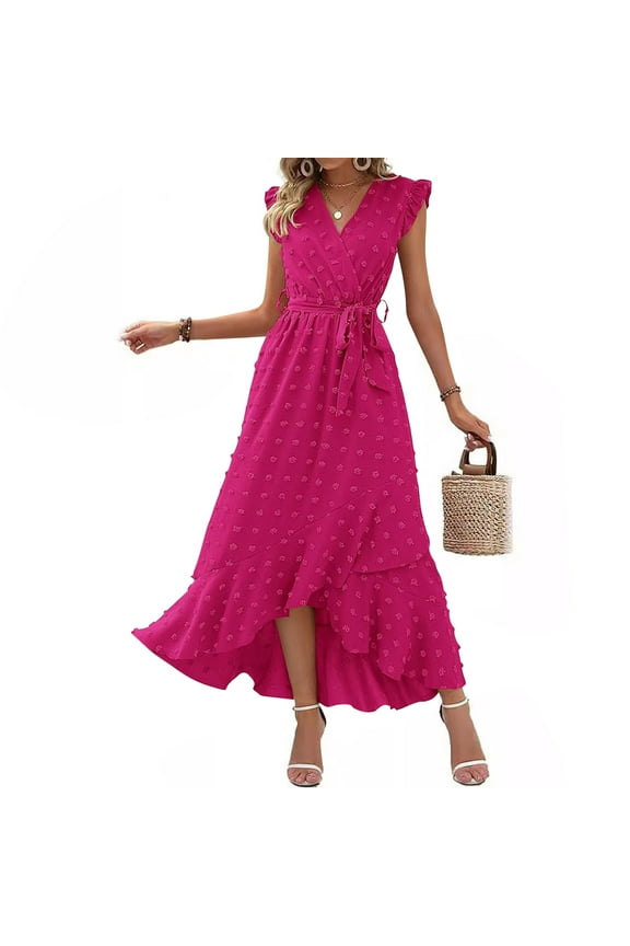 Pink Womens Dresses Summer Maxi V-Neck Short Sleeve Solid Opening Asymmetrical Ruffle A-Line Dress