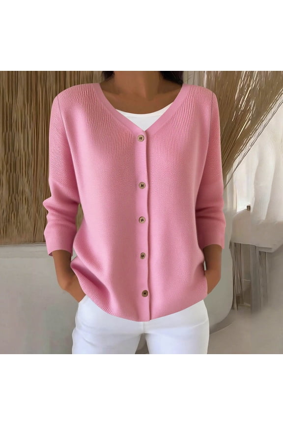 Pink Womens Tops Button Down Knit Cute Sweaters Long Sleeve Solid V Neck Tops for Women