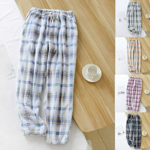 Sakmal Plaid Sleep Pants for Women Elastic Waist Jogger Flannel Fleece Sleepwear Soft Blue Womens Sleep Pants L