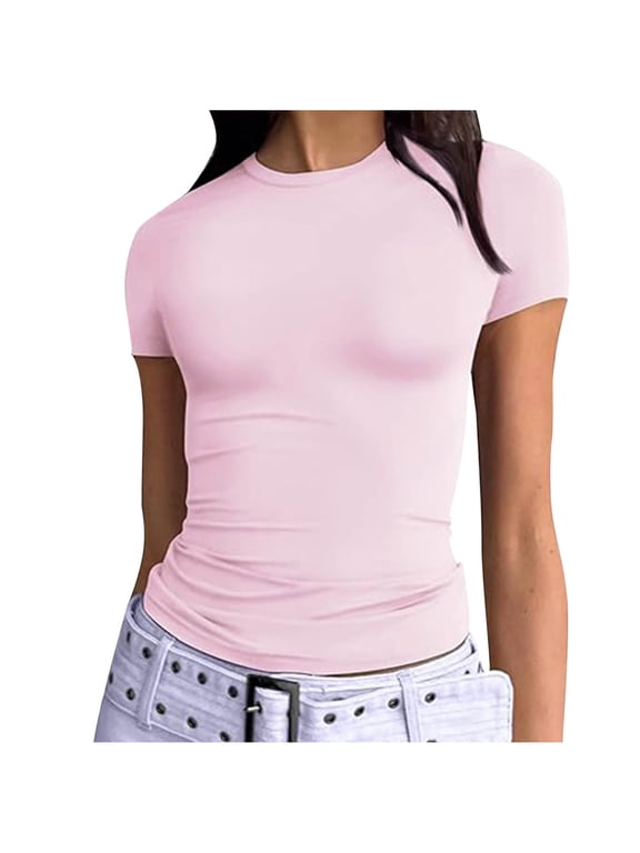 Plain Tops for Women Pink Short Sleeve Dolman Workout Compression Graphic Tees T-Shirts Womens Spring Tops