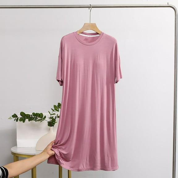 Sakmal Playful Moomoo Dresses for Women Cloud-Like Modal Pink Plus Size House Dress Long Crew Neck Solid Short Sleeve Nightgowns M-XL
