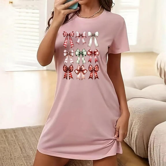 Sakmal Playful Mumu Nightgowns for Women Plus Size Pink Christmas Cloud-Like Moomoo Dress Bow Print Short Crew Neck Short Sleeve Nightgowns S-2XL