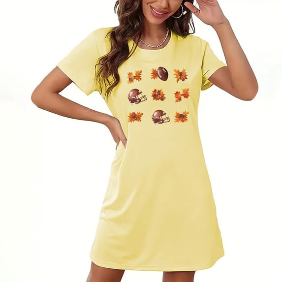 Sakmal Playful Women Moomoo Nightgowns Thanksgiving Soft Yellow Night dress Short Sleeve Crew Neck Short Autumn Leaves Print Nightgowns S-2XL