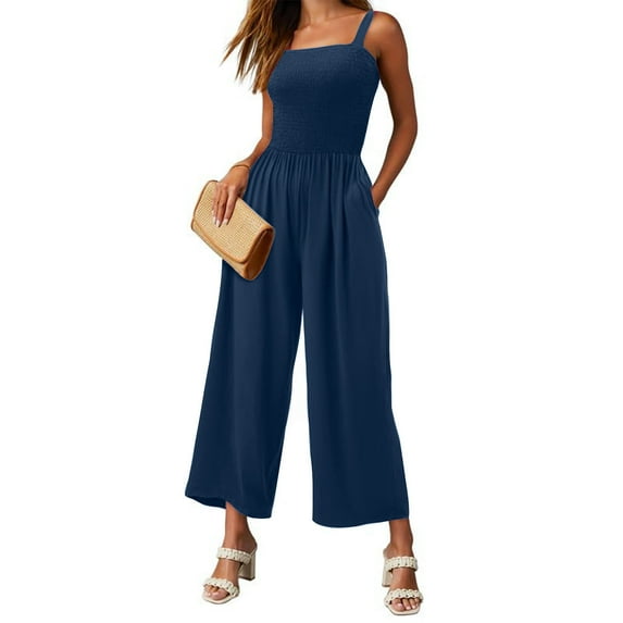 Sakmal Pleated Jumpsuits for Women Casual Solid Spaghetti Straps Dressy Wide Leg Overalls Full Blue Sleeveless Square Neck Pants for Women