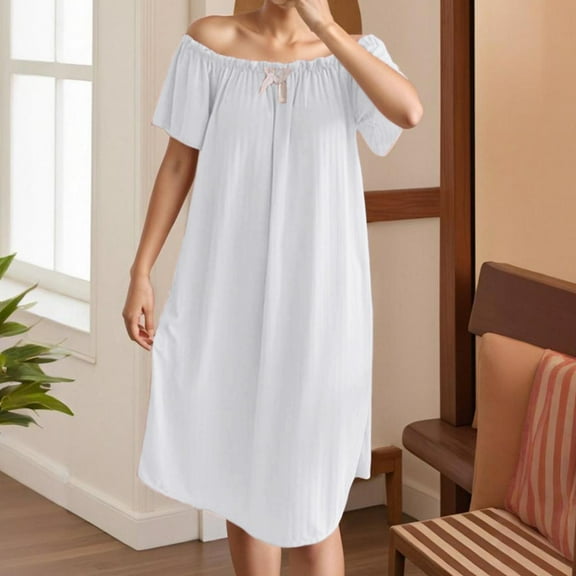 Sakmal Pleated Moo Moo Nightgown for Women White Comfy Plus Size Knee Length House Dress Solid Short Sleeve Nightgowns for Women