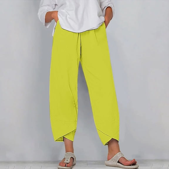 Sakmal Pleated Pants Women Cropped Plus Size Casual Straight Leg Plain Yellow Ankle Length High Waisted Pants with Pockets