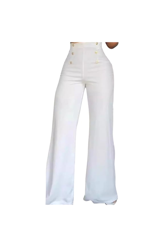 Pleated Pants for Women Flare Leg Streetwear Work Trendy Solid White High Waisted Full Length Pants with Pockets
