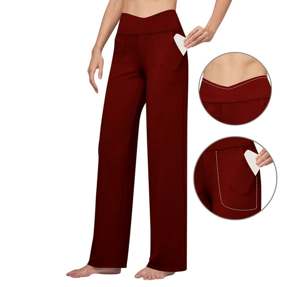 Sakmal Pleated Pants for Women Stretchy Gym Yoga Straight Leg Red High Waisted Full Length Solid Pants with Pockets