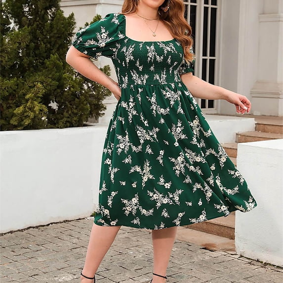 Sakmal Pleated Plus Size Summer Dresses Boho Graphic Short Sleeve Green Comfort Fit Mid-Length A-Line Dress