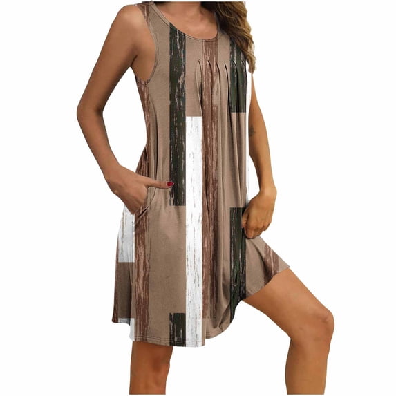 Sakmal Pleated Sleepwear for Women with Pockets Sleep Tanks Sleep Dress Brown Sleeveless Sleep Tanks