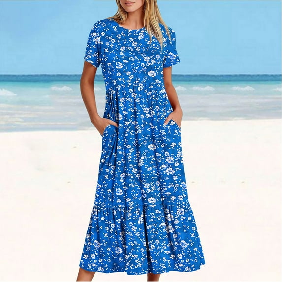 Sakmal Pleated Sundresses for Women 2024 with Pocket Boho Floral Short Sleeve Blue Comfort Fit Maxi Sundress