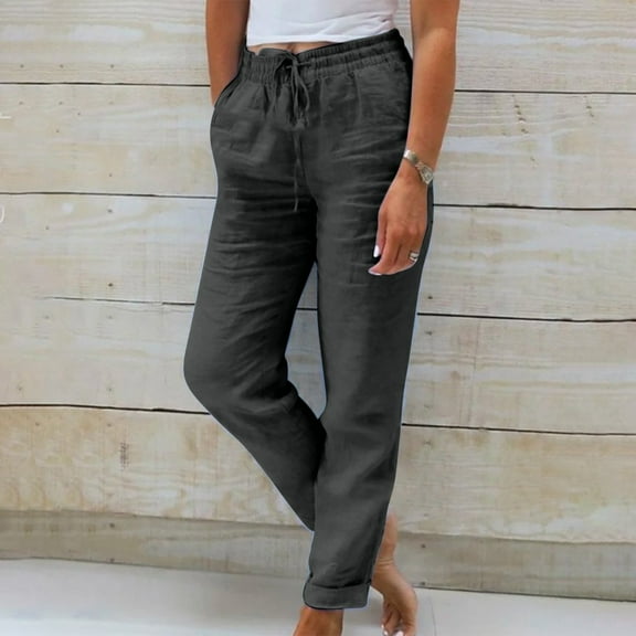 Sakmal Pleated Women's Pants Cuffed Comfy Drawstring Cotton Linen Black High Waisted Solid Full Length Pants with Pockets